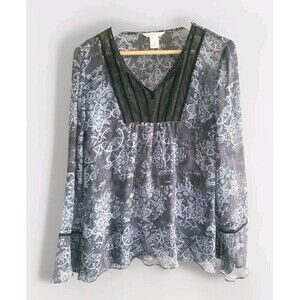 Sundace Silk Blouse  Blue Black Velvet Trim Bell Sleeve Semi-Sheer Women's 14